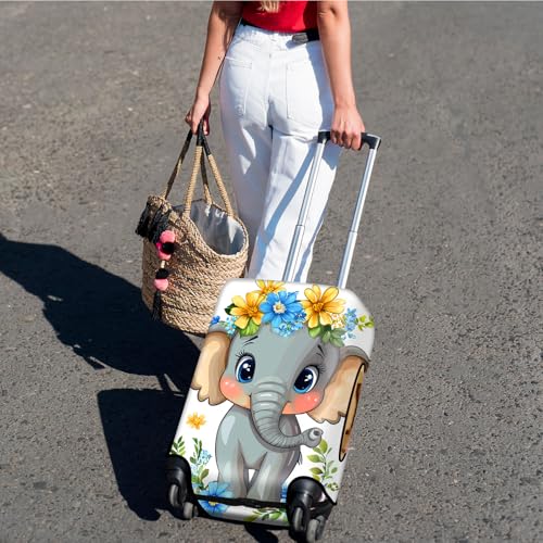 Suitcase Cover for Luggage 25-28 Inch, Washable Elastic Anti-Scratch Luggage Protector, Durable Zipper Baggage Cover with Handle Wrap, Travel Accessories for Suitcase, Baby Elephant with Floral2
