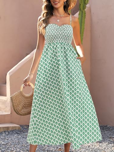 Image of Gardenwed Women's Floral Print Maxi Dress,Spaghetti Strap Smocked Bodice A-Line Sundress with Pockets