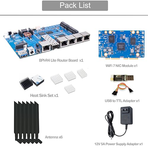 Image of Banana Pi BPI-R4 Lite WiFi 7 Router Dev Board Kit OpenWRT - MediaTek MT7987A SoC - 2GB DDR4 RAM 8GB eMMC, 1x 2.5G SFP RJ45 WAN, 4X GbE Gigabit Ethernet for NAS Smart Home Gateway (2GB, Bundle4)