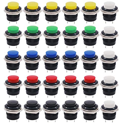 QitinDasen 30Pcs Premium 16mm Interrupteur à Bouton-Poussoir Momentané à 2 Broches, Interrupteur à Bouton-Poussoiren en Plastique à Tête Haute Ronde, 3A 250V AC / 6A 125V AC (6 Couleurs) Cover