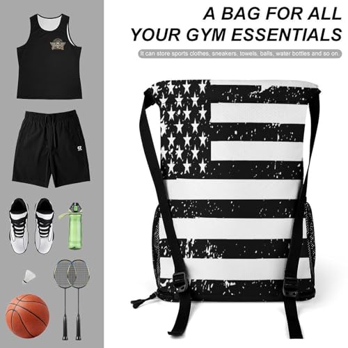 Black American Flag Drawstring Backpack Sports Gym String Bag Sackpack Water Resistant Pockets for Women Men3