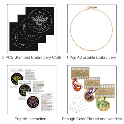 Image of Louise Maelys 3 Sets Tarot Embroidery Kits for Beginners,Cross Stitch Kit for Adults,Crewel Starters Needlepoint with Moon, Butterfly, Bee and Moth Pattern and Tool