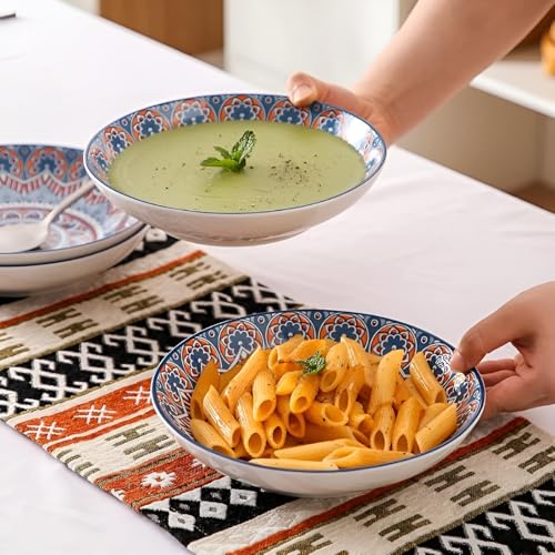 Image of Ceramic Pasta Plate, 20.4 cm Porcelain Dinner Plates, Microwave & Dishwasher Safe, Food Grade Ceramic, Deep Serving Plate for Pasta, Salad, Soup, Curry & Noodles (Mandala Print, Pack of 4)