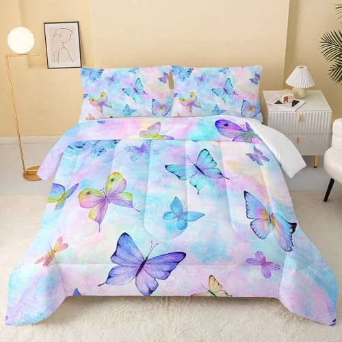 Image of QOOMO Cute Butterfly Kids Comforter Set,Cartoon Insects Print Bedding Set Queen Size for Boys Girls Room Decoration,Colorful Bed Set Microfiber Lightweight,1 Comforter Set 2 Pillowcases