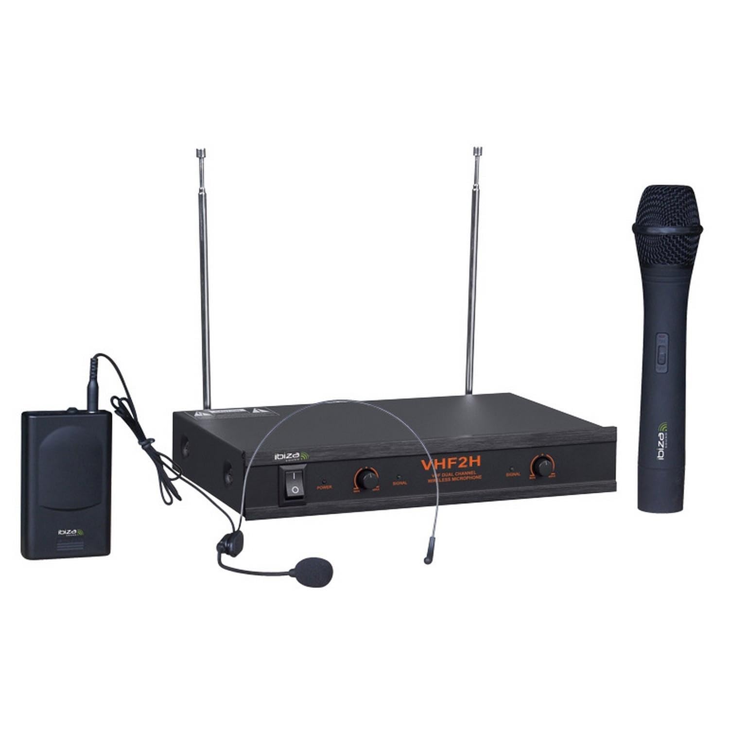 Ibiza - Système de microphone VHF 2 canaux 203.5 & 207.5MHz - 1 micro portatif + 1 micro casque - Noir