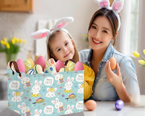 Image of Large Rectangular Easter Baskets Empty Waterproof Boy Toy Box Foldable Kid's Gifts Storage Bin Spring Room Decor(Flower Rabbit Holding Egg)