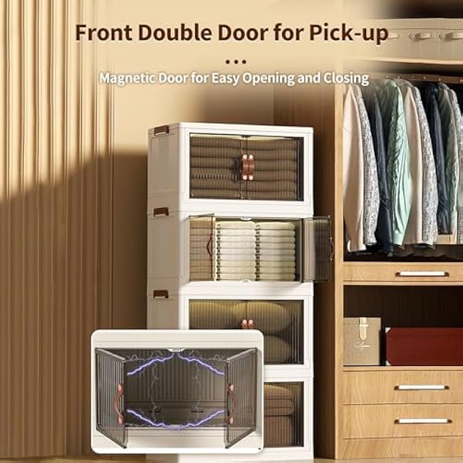 5-Tier Stackable Storage Bins with Lids & Open Front Design, Foldable Storage Bins with Wheels for Home Organization, Collapsible Space Saving Multi-Layer Storage Organizer, 40QT