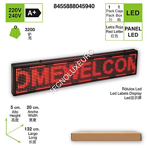 TECNOLUX EURO.Pantalla de aluminio para señalización electrónica LED, letras rojas, dimensiones 132 cm x 20 cm x 5 cm
