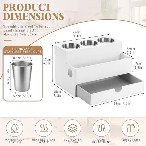 Image of AceOrbit Hair Tool Organizer with Drawer Back to School Gift Leather Bathroom Vanity Organizer White Blow Dryer Hot Styling Tool Hair Holder for Countertop Curling Iron Flat Iron Straightener Makeup