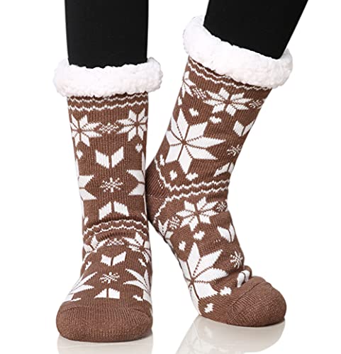 Dosoni Womens Slipper Fuzzy Socks Non Slip Winter Warm Soft Fluffy Cozy Fleece Lining Home Socks Snowflake Brown