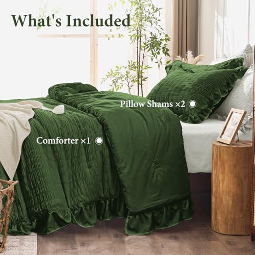 Image of JOLLYVOGUE Dark Green Queen Comforter Set, 3 Pieces Seersucker Comforters Queen Size, Lightweight & Fluffy Bedding Sets Queen for All Season with 1 Ruffle Comforter and 2 Ruffle Pillowshams