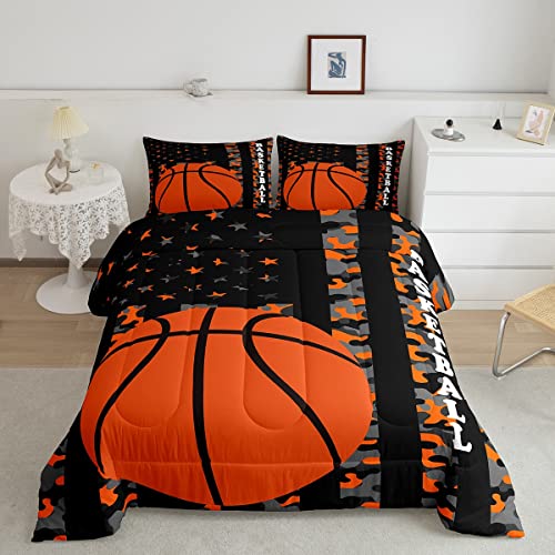 Feelyou American Flag Basketball Comforter Gaming Sports Camo Bedding Set Ball Games Comforter Set for Boys Girls Teens Decor Orange Duvet Set Twin Size Boys