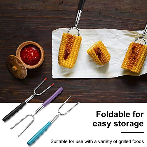 EXTSUD Grillspieße Edelstahl, 6 Stück Grillgabel ausziehbar BBQ Gabeln mit Bürste Grillstäbe Marshmallow Bräter Lagerfeuer Camping-Sticks 85cm extra Lange für Corn,Hot Dogs,Kebab,Rindfleischspieß
