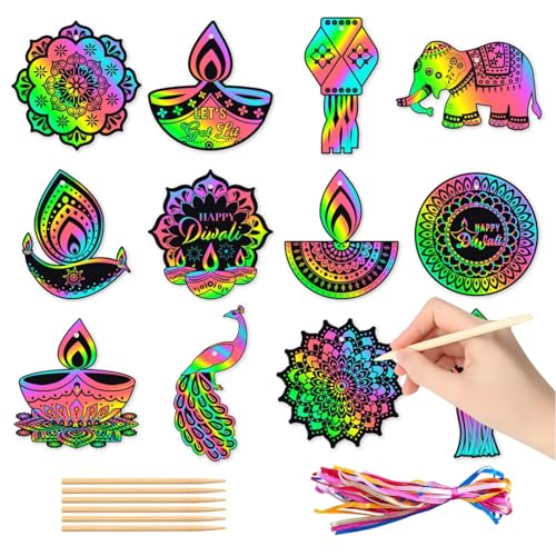 YVAINE 24 Pcs Diwali Scratch Cards,Happy Diwali Crafts Art Diyas