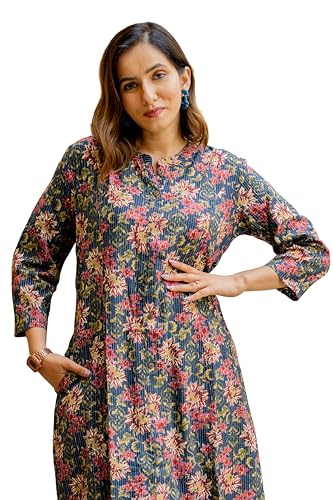 Image of MIRCHI FASHION Pure Cotton A-Line Long Kurti | Printed Kantha Work Kurta for Women | Ethnic Office Wear Kurti