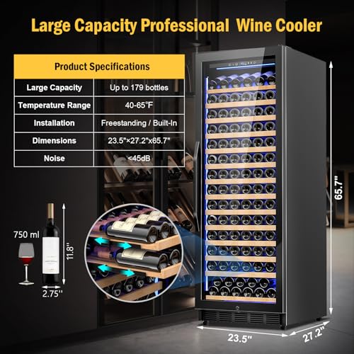 Image of Wine Fridge Freestanding,173 Bottles 24 Inch Wine Cooler Refrigerator, Tall Wine Fridge with Compressor Low Noise Fast Cooling, Wine Cellar with Upgraded Door Handle Sliding Rail Shelves, Black