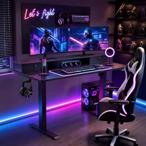 Image of Veken 55x26 in Electric Standing Desk with Drawers, Adjustable Table, Black | Stand up Computer Desk for Home Office, Work & Study, with Storage, 3 Memory Presets, Cable Organizer, Hook, and Quiet Lift.