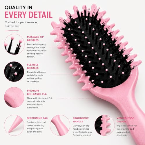 Image of Combelle 5-in-1 Curl Hair Brush, Vegan Boar Bristles, Bio-Baked PLA Handle, Detangling and Frizz Control for Curly Hair (Pink)