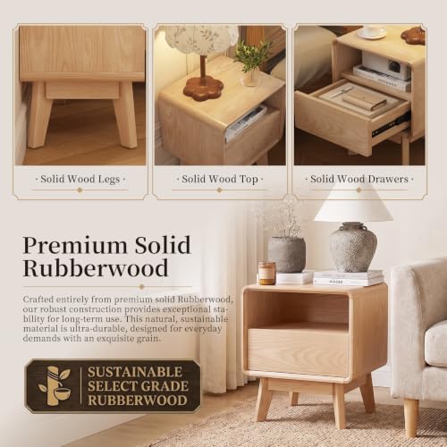 Image of 100% Solid Wood Nightstand, Mid Century Modern Bedside Table Natural