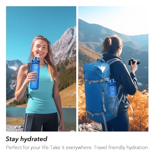 Image of 32oz Water Bottle with Straw, Time Marker & Fruit Strainer, Transparent Gradient Color Water Bottle with Times to Drink, Leakproof & BPA Free, Reusable Bottle with Strap