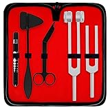DEXSUR Diagnostics Kit - Percussion Taylor Reflex Hammer + C 128 & C 512 Tuning Forks + Bandage Scissors + Pupil Gauge Pen Light in Carrying Case - 6 Pieces Set - Black & Silver