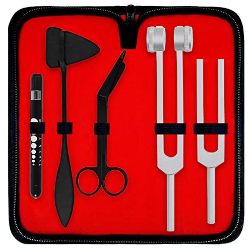 DEXSUR Diagnostics Kit - Percussion Taylor Reflex Hammer + C 128 & C 512 Tuning Forks + Bandage Scissors + Pupil Gauge Pen Light in Carrying Case - 6 Pieces Set - Black & Silver