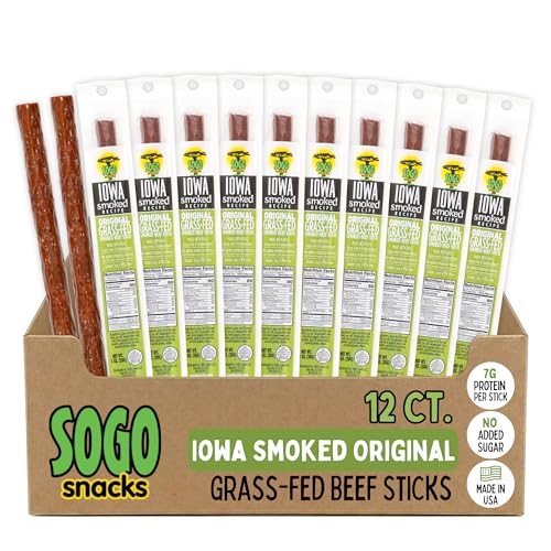 Original - Iowa Smoked Recipe, Sogo Snacks, Sugar Free Beef Jerky, Non-GMO Grass Fed Beef Sticks. No Nitrates, Gluten, Soy, MSG, Dairy, or Nuts. Paleo, Whole30, & Keto Snack (Original-ISR, 12 Cnt)