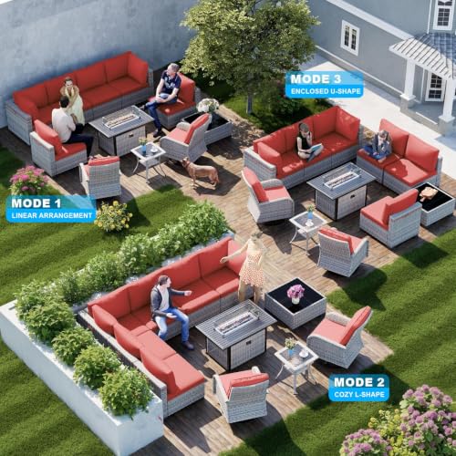 Image of Outdoor PE Wicker Rattan Modular Patio Sectional Sofa Set | 11-Piece: 6 Modular Seats, Coffee Table, 2 Swivel Rocking Chairs, Side Table & 55,000 BTU Fire Pit Table, Red