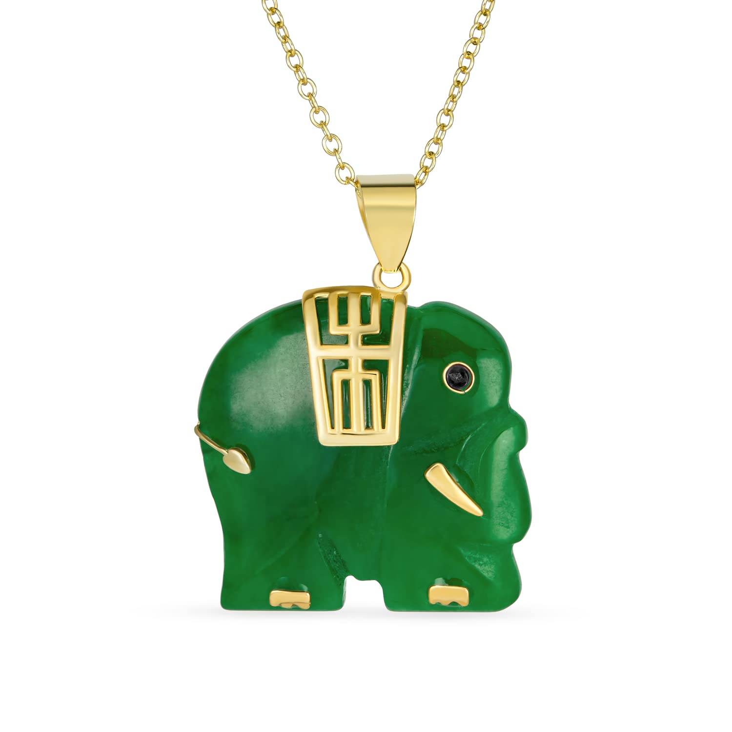 Bling Jewelry Collar con colgante de elefante indio de jade verde de piedra preciosa natural de estilo tribal de Bali para mujer, chapado en oro amarillo de 14K, plata de ley .925, 18 pulgadas.