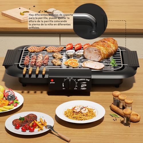 Parrilla eléctrica para barbacoa, antiadherente y sin humo, para interiores y exteriores, 2000 W, doble tubo, alta potencia, portátil, con soporte extraíble para barbacoas (negro) - imagen 5
