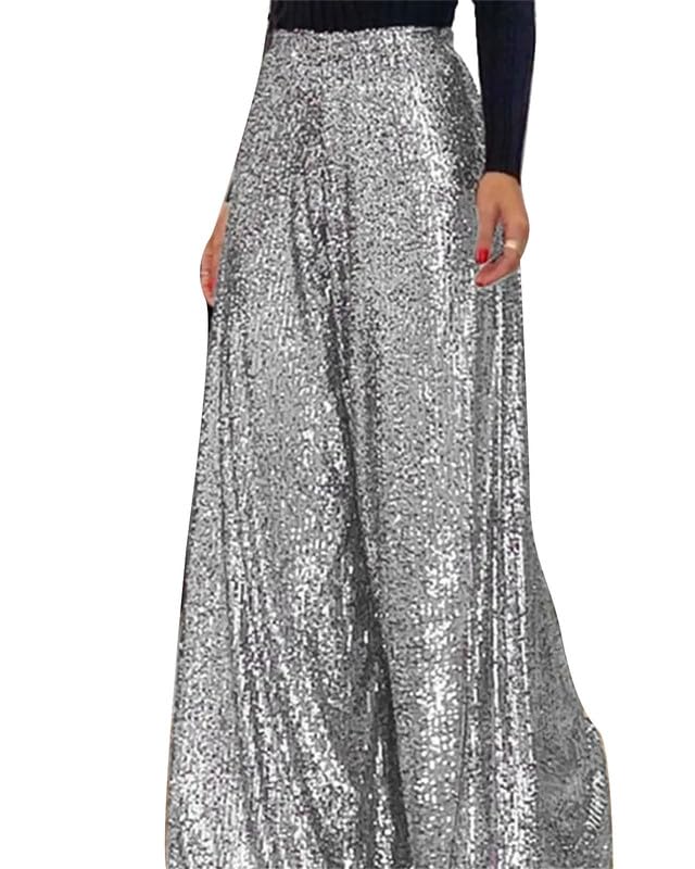 Baggy Sequin Bell Bottom Pants for Women Elastic High Waist Wide Leg Glitter Sparkly Pant