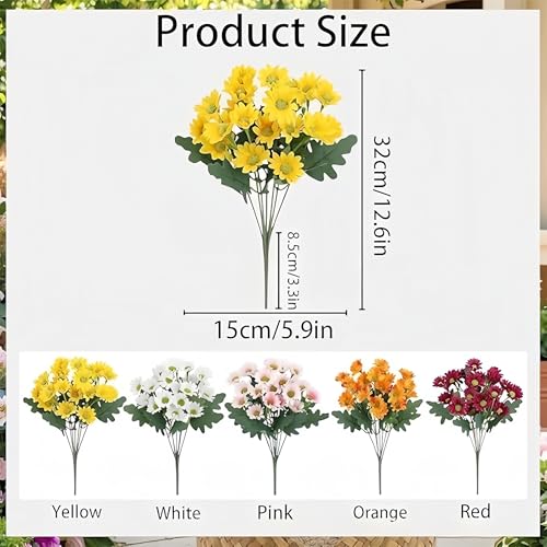 Wutobang Artificial Sunset Mums, Funsdecor Mums, Artificial Outdoor Sunset Flowers - UV Resistant,Waterproof, Windproof, Fake Fall Flower Daisy with Eucalyptus, Look Real (5 Bundle Yellow)