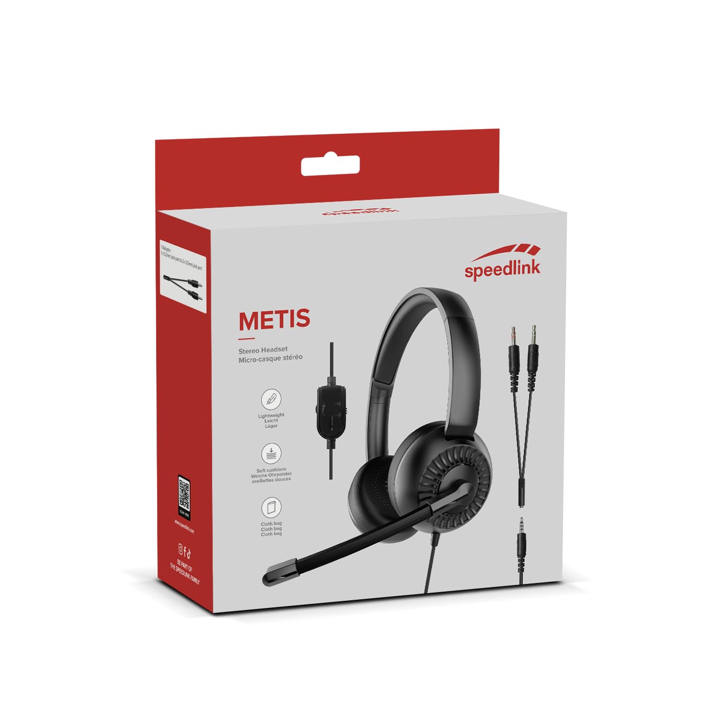Speedlink METIS stereoheadset - lichtgewicht bedrade headset met microfoon en bedrade afstandsbediening, kantoor en thuiskantoor, 3,5 mm jack incl. Y- adapter, opbergtas, zwart