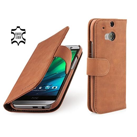 STILGUT Talis Schutz-Hülle für HTC One M8 mit Kreditkarten-Fächern aus echtem Leder. Seitlich aufklappbares Flip Case in Handarbeit gefertigt für HTC One M8, Cognac Vintage