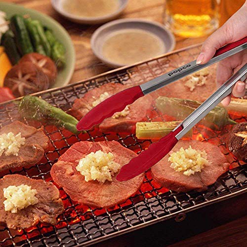 Hot Target Set of 3-7, 9, 12 inches, Red Color, Heavy Duty, Non-Stick, Stainless Steel Silicone BBQ and Kitchen Tongs. Heat resistant up to 600°F (3 COLORS AVAILABLE)