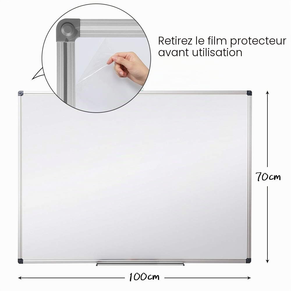 XIWODE Tableau blanc magnétique effaçable à sec - Fixation murale - 100 x 70 cm - Tableau blanc léger - Cadre en aluminium argenté avec surface en acier laqué