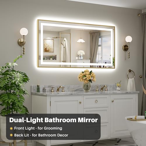 Image of 60x30 Inch LED Bathroom Mirror with Gold Frame, Backlit & Front Lit, Anti-Fog Lighted Bathroom Vanity Mirror for Wall, Memory Function, Dimmable, HD Tempered Glass, Shatter-Proof
