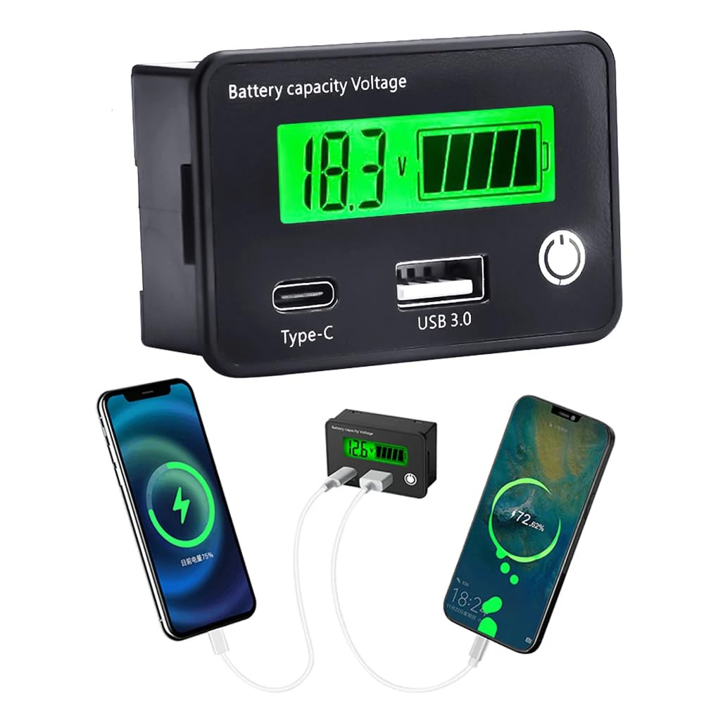 DollaTek Tester akumulatora samochodowego LCD Wska?nik baterii DC8-30V z portem USB typu C do samochodu Moto Golf Cart RV Miernik baterii