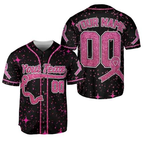 Custom Breast Cancer Jersey, Pink Ribbon Baseball Jersey, Breast Cancer Awareness Tshirt for Women Survivor Pink Ribbon Gifts (US, Alpha, Small, 5X-Large, Regular, Regular, BC 7)