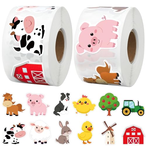 1200 Pcs Farm Animal Stickers Roll 1.5 Farm Theme Self-Adhesive Sticker Labels 12 Designs Barnyard Animal Cow Sheep Pig Incentive Decals for Classroom Teacher Reward Office Envelope Gift Party Decor