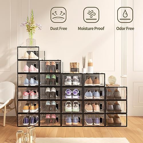 Snaxo 12 Pack Large Clear Shoe Storage Boxes, Stackable Modular Plastic Shoe Organizer Front-Opening Door, Ventilated Dust-Proof Sneaker Display Cases Closet and Entryway, Black — view 2