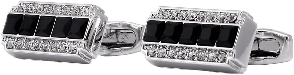 Rectangular Inlaid Black Crystal French Shirt Business Cufflinks Black and White Color