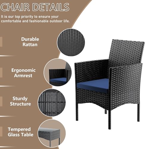 Image of 4 Pieces Patio Furniture Set Outdoor Conversation Set Rattan Furniture Set Wicker Chairs and Sofa with Glass Table for Porch Pool Backyard Garden,Navy Blue