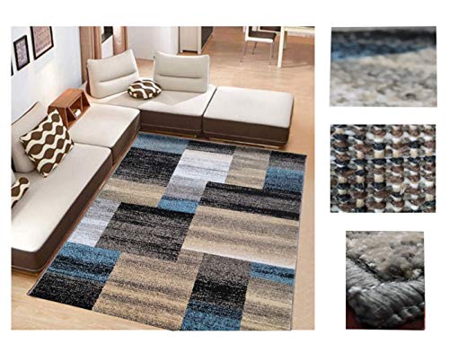 Alfombra de Salón Frise Pelo Largo Tupido Rectangulos Geometricos Modernos Color (Turquesa, 160_x_210 CM)