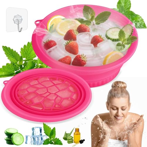 Image of (1 pic Hook) with Silicone Face Bowl for Ice with Built-in Icetray, Collapsible Face Tub for Ice Bath, Facial Ice Plunge Bowl, Ice Water Facials at Home (Rose Hook)