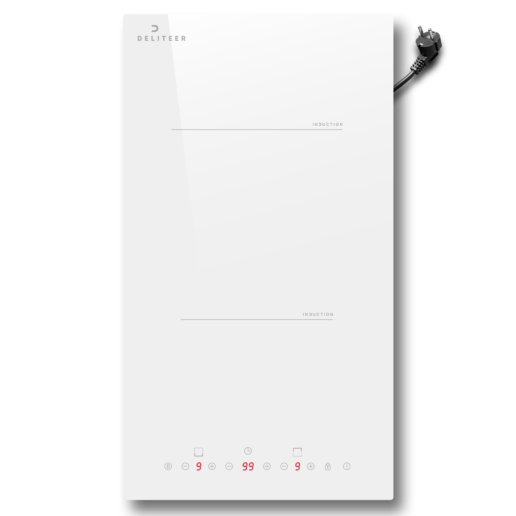 DELITEER Placa induccion 2 fuegos Blanco con enchufe, 3500W, Integrada, Control Deslizante, Temporizadores，9 Niveles de Potencia, Cierre de Seguridad，Boost