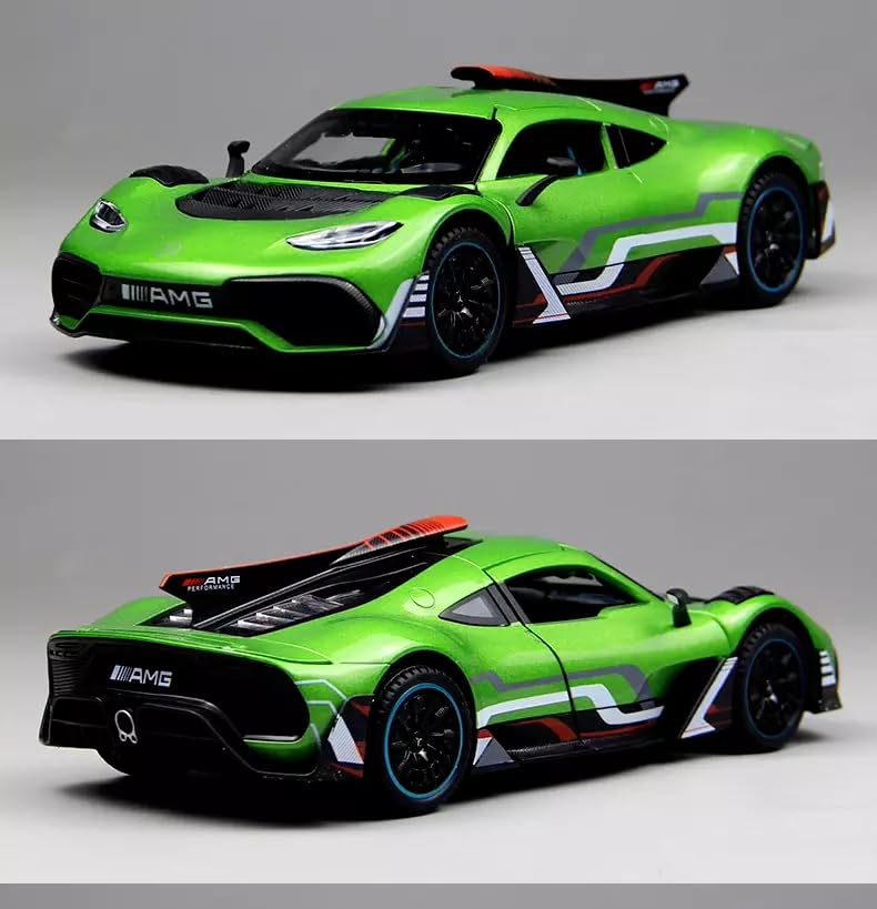Image of 1:24 AMG ONE Diecast Metal Car Pull Back Alloy Model Toy with Openable Doors Lights & Sound Realistic Collectible Supercar Gift for Kids Boys & Car Enthusiasts (Green)