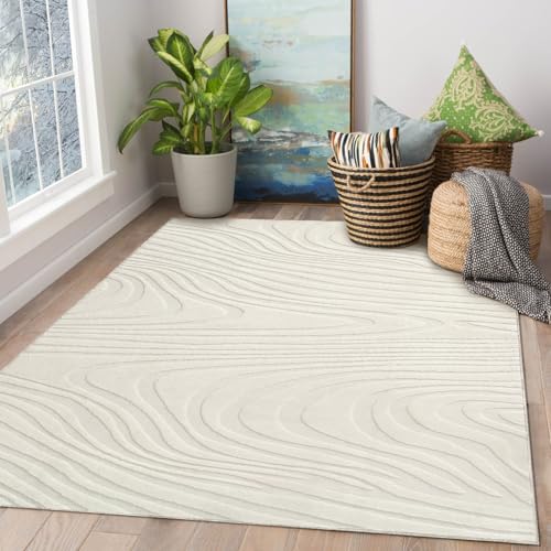 WONGS BEDDING Wohnzimmer Teppich Modern Waschbar 80x150cm, Creme Wellen – Ansicht 1