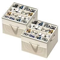 Aokeyee Shoe Organizer for Closet,2 Pack Foldable Shoe Storage Organizer Box Bin with Adjustable Dividers and Clear Cover, Fits up to 16-32 Pairs