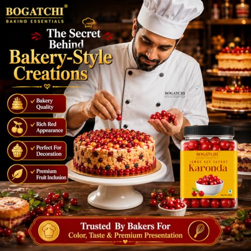 Image of BOGATCHI Big Cherry Karonda for Cake Decoration, Ice Cream Topping & Milkshakes | Red Cherry Karonda | Sweet & Tasty Fruit Garnish for Baking, Desserts & Mocktails | Ready to Use, 200g